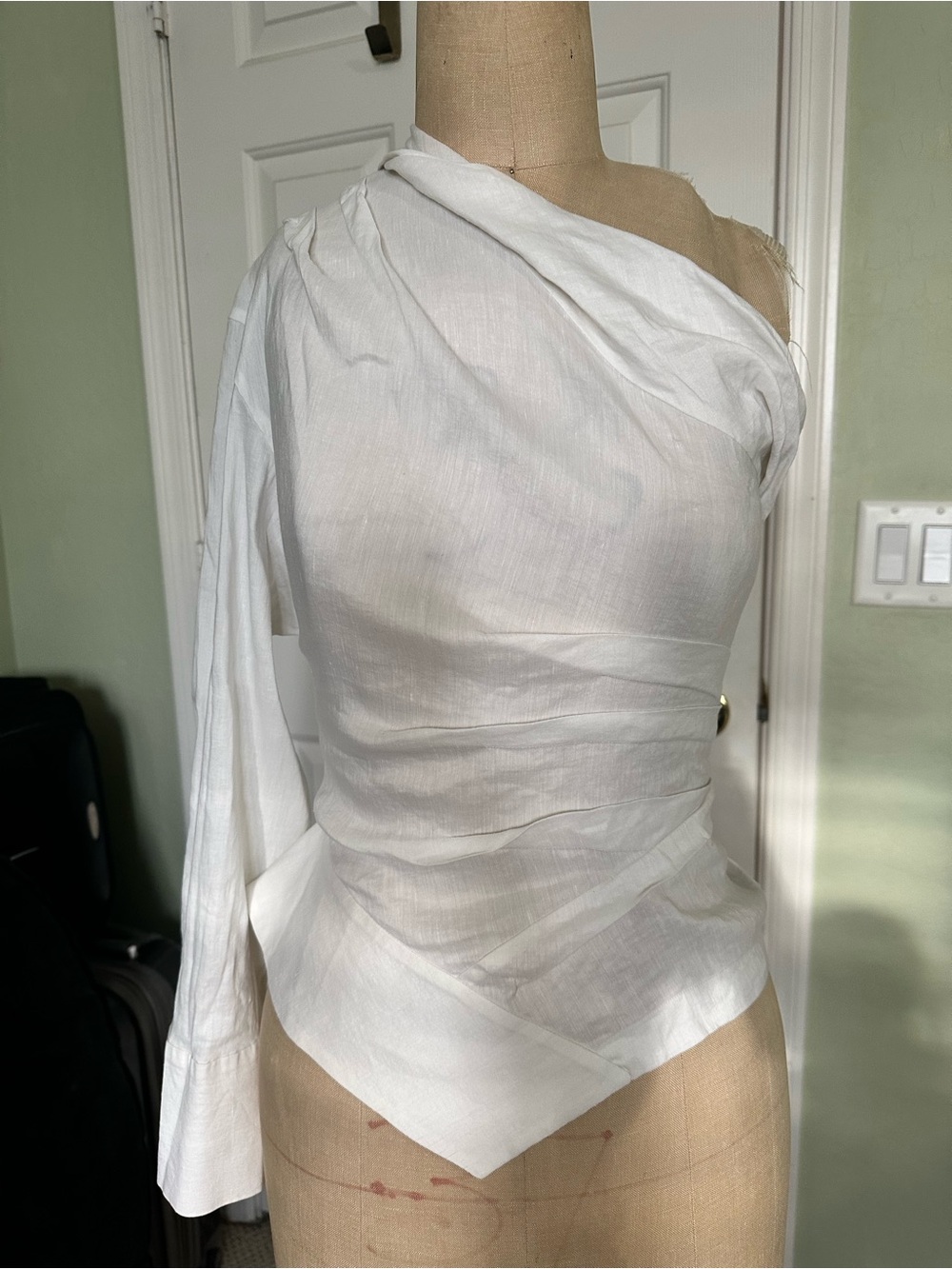 Zara White One-Shoulder asymmetric Wrap Blouse in stretch linen